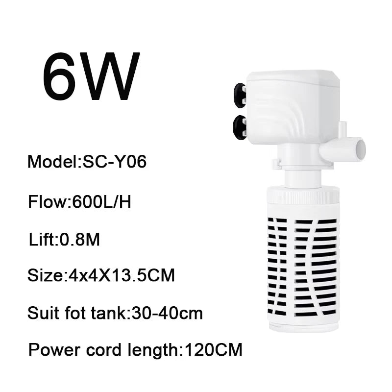 White submersible aquarium filter pump with a power cord and various specifications listed.