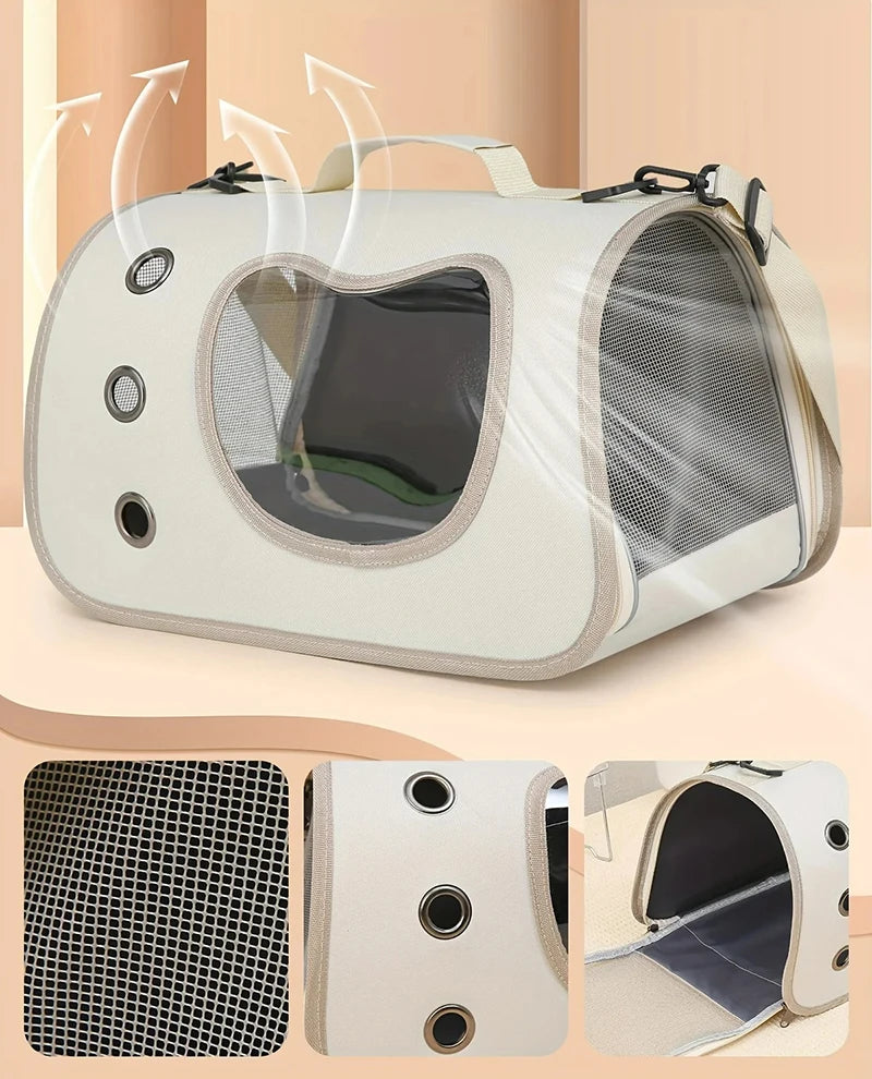 Beige faltbarer Transportbehälter für kleine Hunde und Katzen in verschiedenen Ansichten.