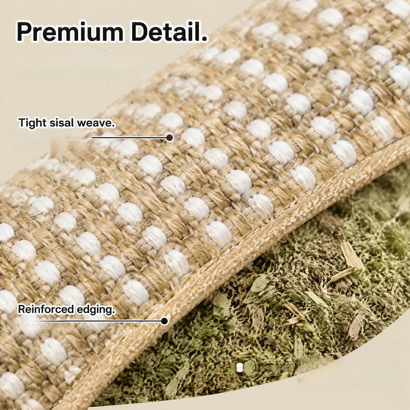 Close-up of a jute scratching pad showing tight sisal weave and reinforced edging for cats