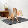 A fluffy Shiba Inu dog is sitting on a gray quilted washable sleeping mat indoors.