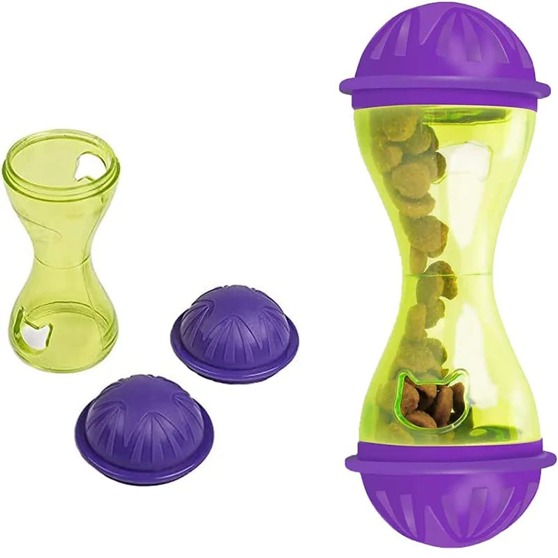 Purple and yellow interactive cat food dispensing ball toy with multiple feeding compartments