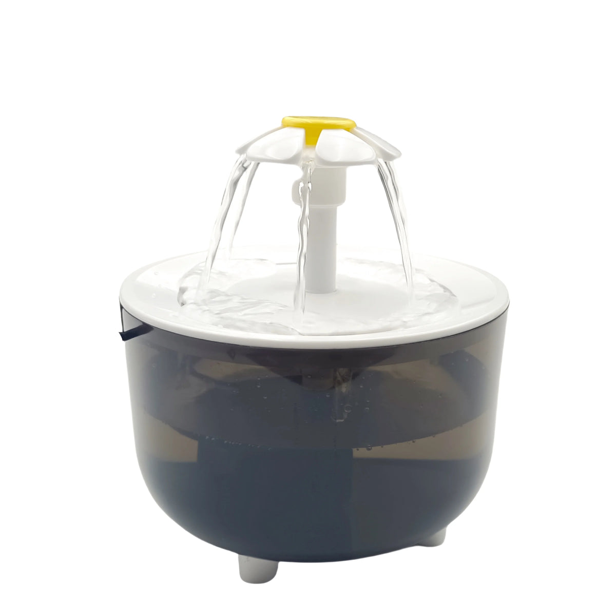 A dark blue automatic cat water fountain with a yellow spout is shown on a white background.