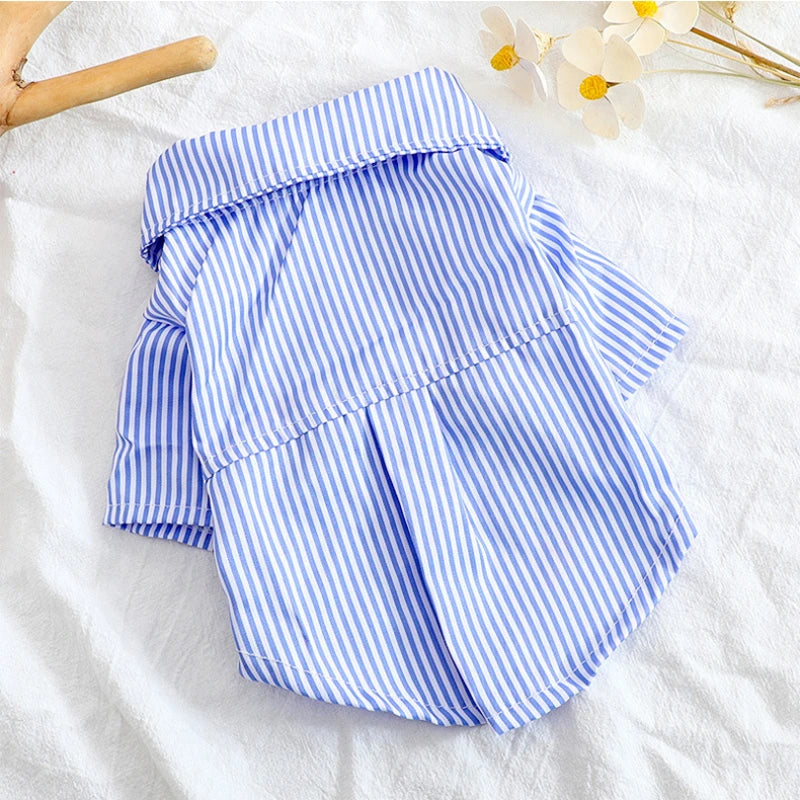 A light blue and white striped bowknot shirt for a small dog lying on a white surface.
