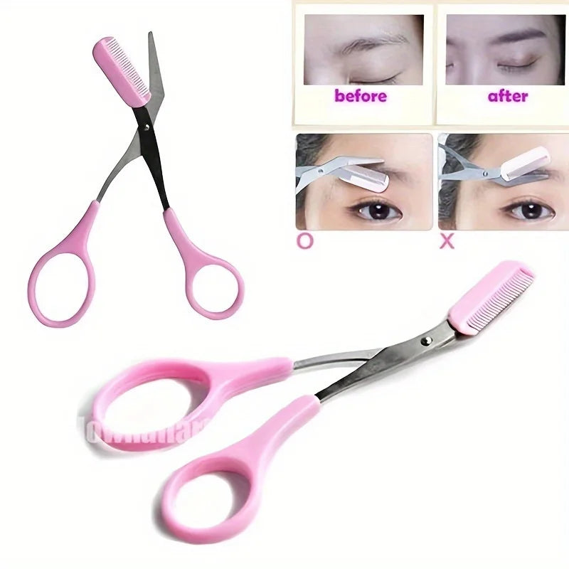 Rosa und silbernes Augenbrauen-Trimmkit mit Pinzette und Kamm zum Formen der Augenbrauen.