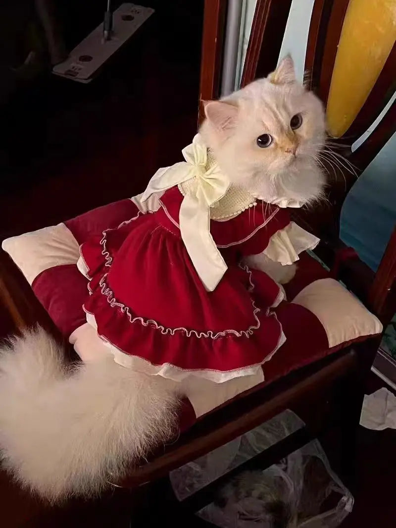 Elegant Cotton Pet Dress with Bow for Small Dogs and Cats