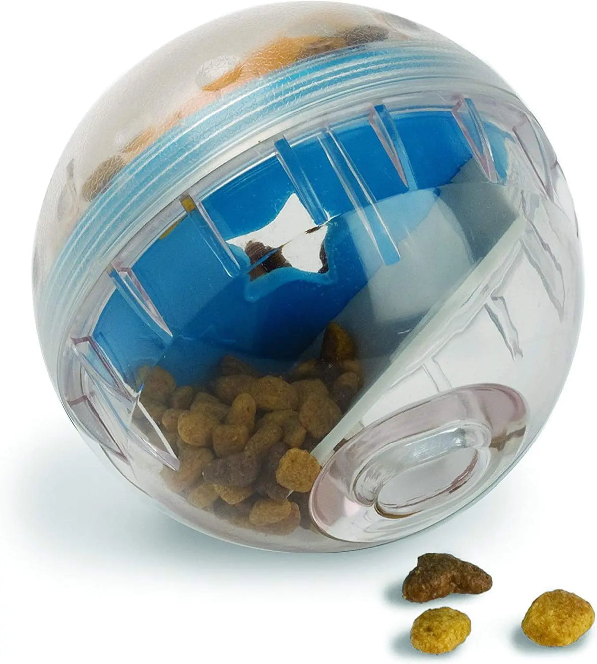 Klares Ballspender für Hundeliebe mit blau-weißen Akzenten, zeigt Trockikibble darin.