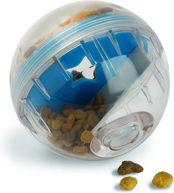 A clear ball dispenser for dog treats with blue and white accents, showing dry kibble inside.