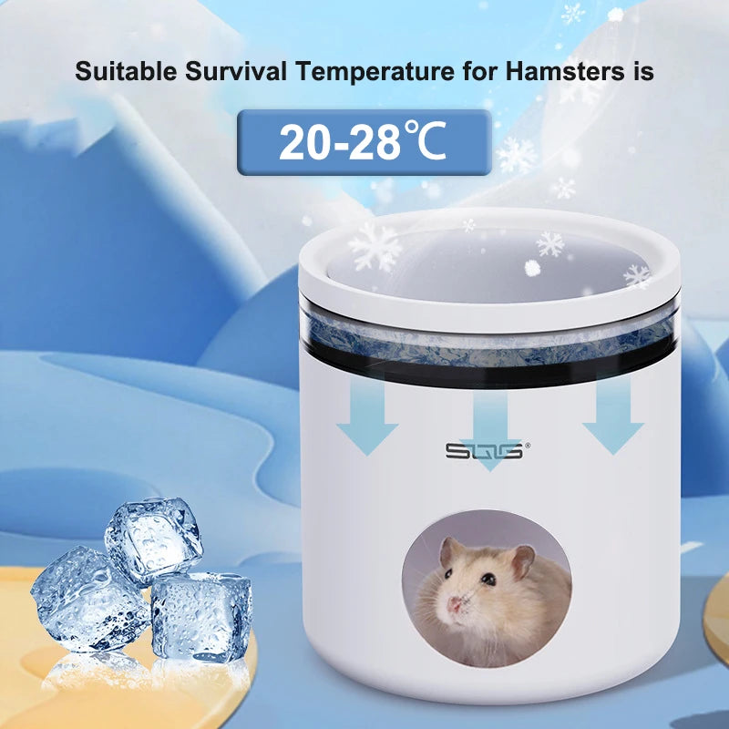 A white cooling hideout container for hamsters is shown with an illustration of a hamster inside and ice cubes nearby.