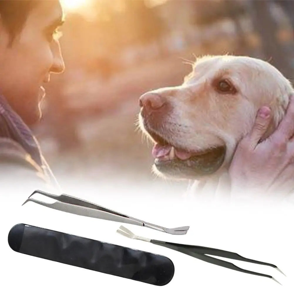 A precision tick and flea remover tool is shown next to a pair of tweezers on a dark handle.