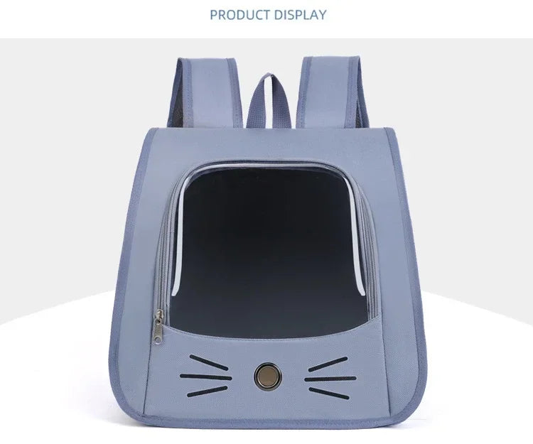 A light blue breathable pet carrier backpack for cats and small dogs displayed against a white background.
