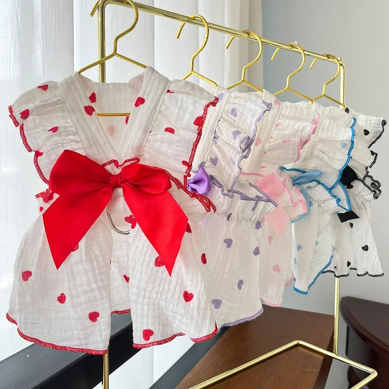 Cool Cotton Summer Dress for Small Dogs with Bow Print