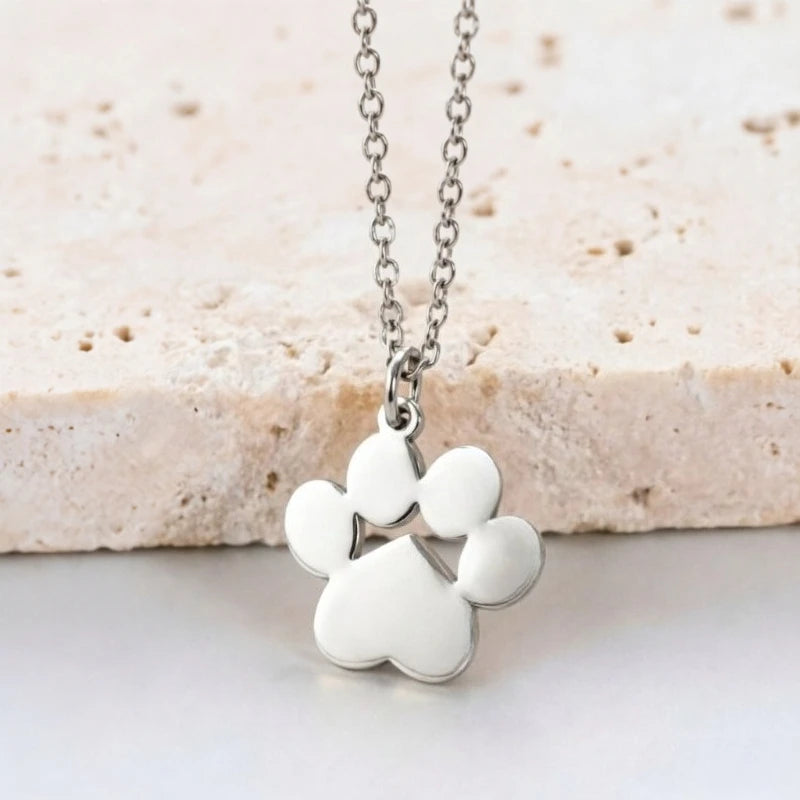 Cat Paw Print Pendant Necklace - Stainless Steel, Hypoallergenic