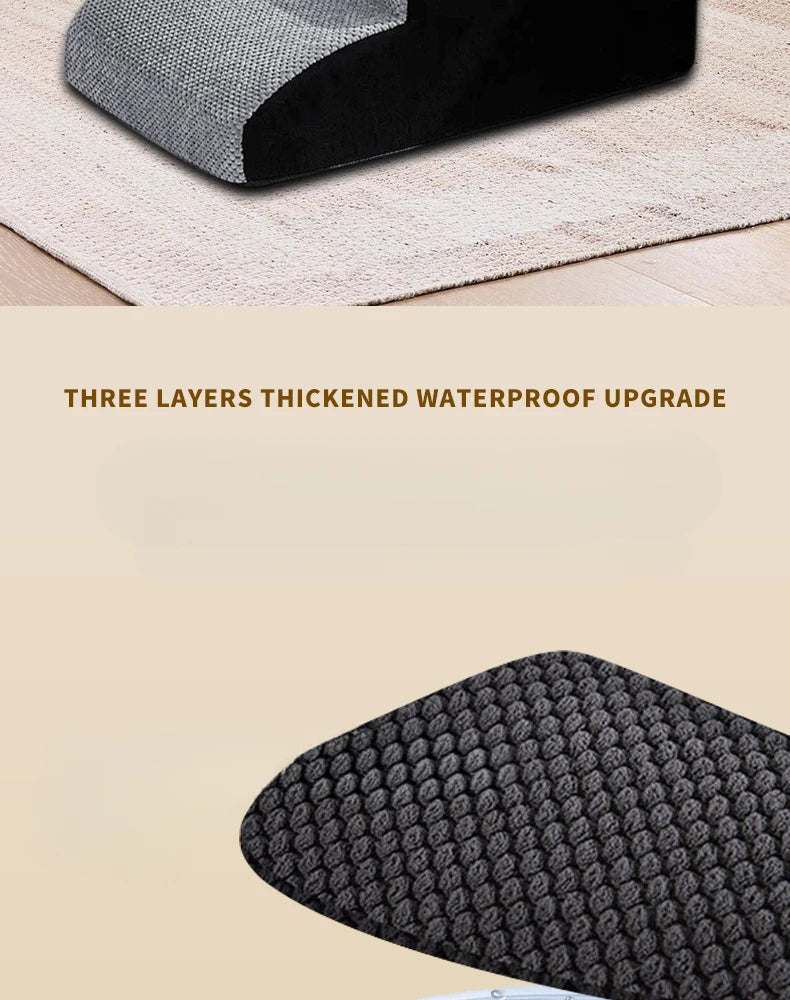 A close-up view of a black memory foam pet ramp for dogs and cats with a textured surface.