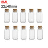 A set of ten mini glass bottles with cork stoppers, measuring 8ml and 22x40mm.
