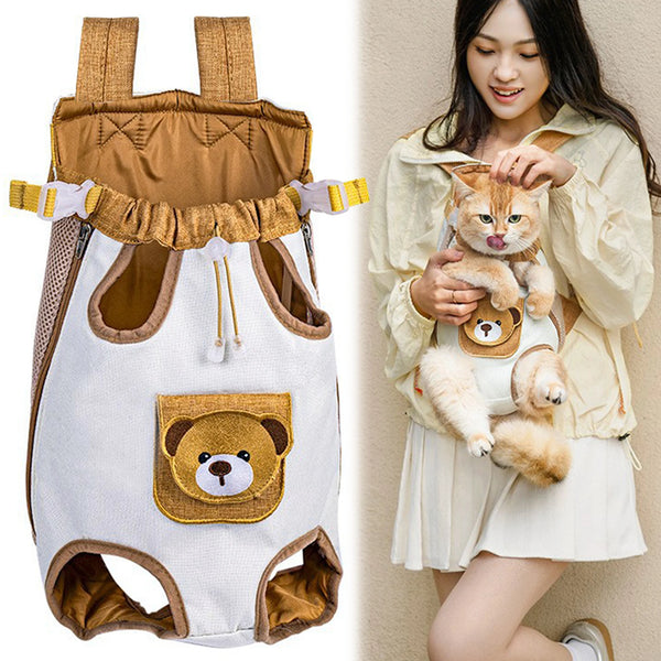 A beige breathable mesh carrier backpack featuring a bear face design for cats and small dogs.