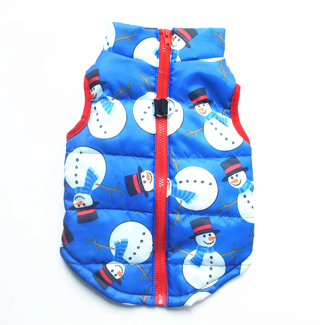 Blue quilted dog coat with white snowman patterns and a red zipper.
