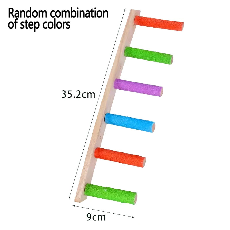 Wooden bird climbing ladder with a random combination of colored steps, showing the length and angle.