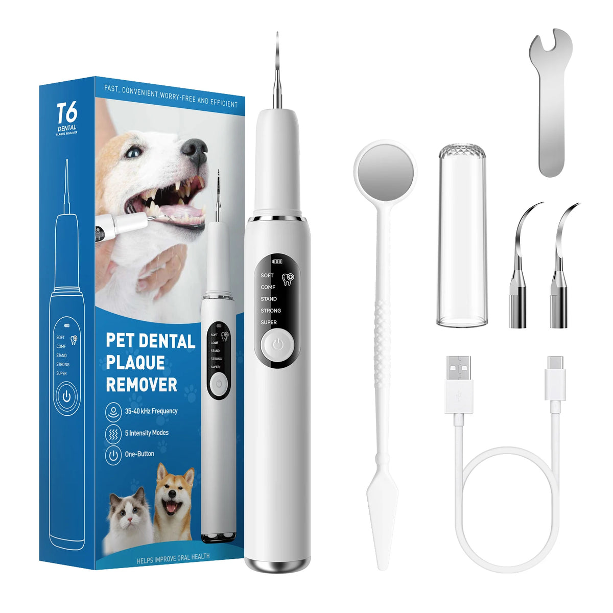 A box and components for a T6 Dental Plaque Remover ultrasonic pet dental cleaner for dogs and cats.