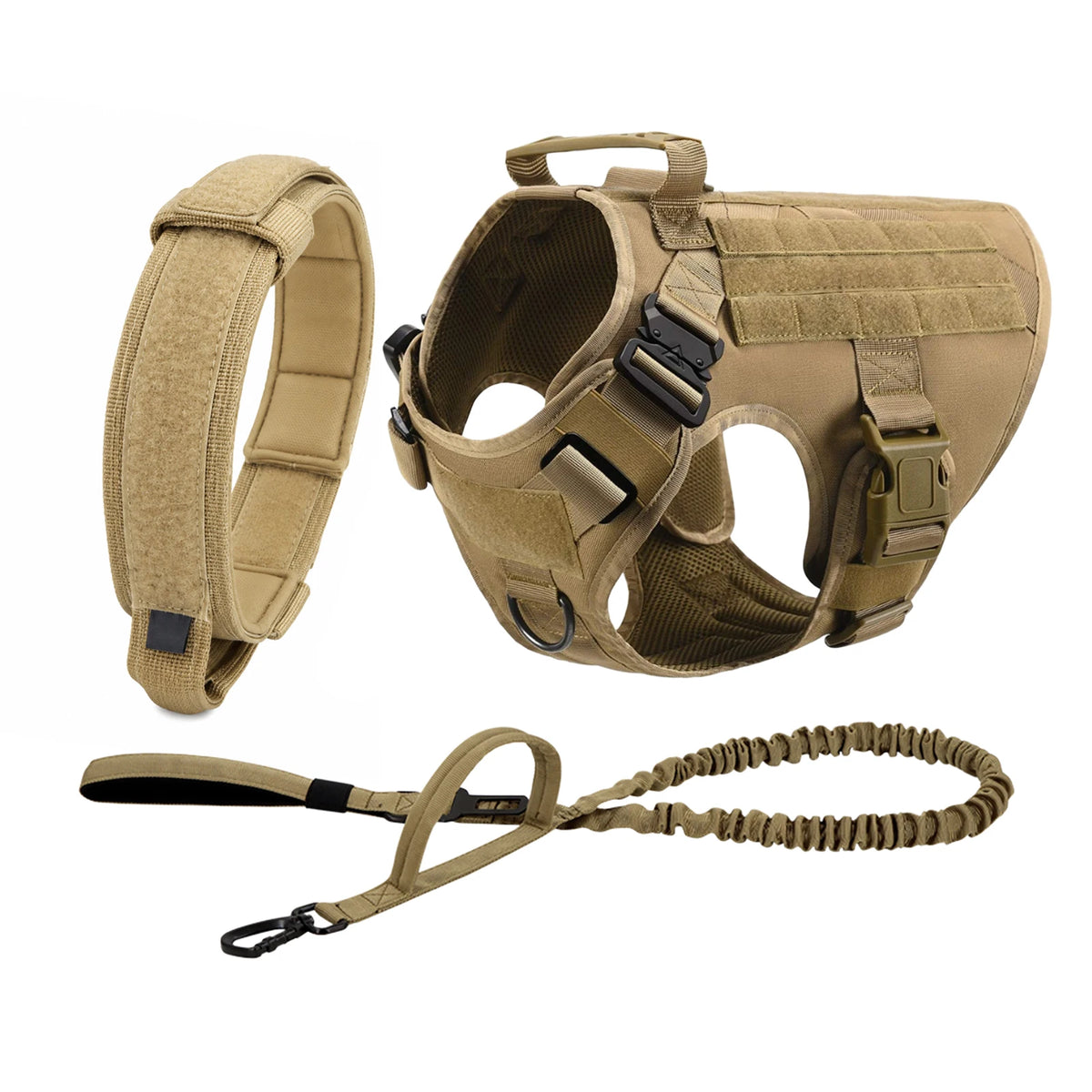 Tactical dog harness set including a collar, vest, and leash for large breeds in tan color