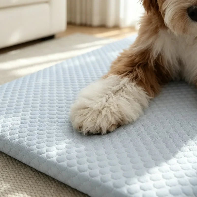 A light blue pet mat with a quilted texture is shown under sunlight, featuring a fluffy dog paw resting on it.