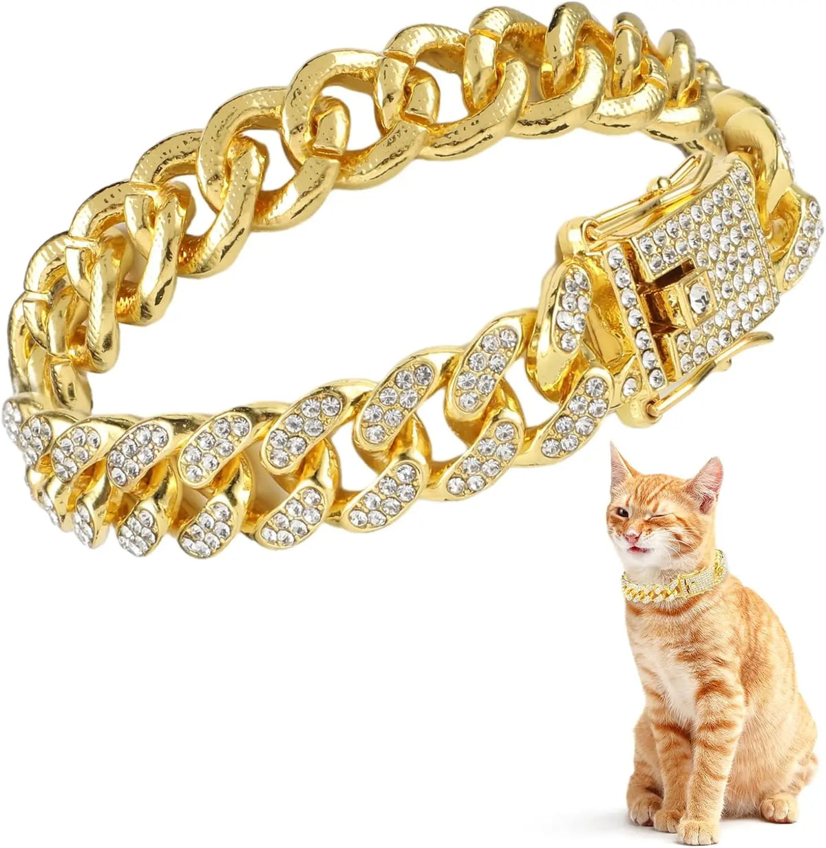 Luxury Crystal Cuban Chain Cat Collar with Safety Buckle