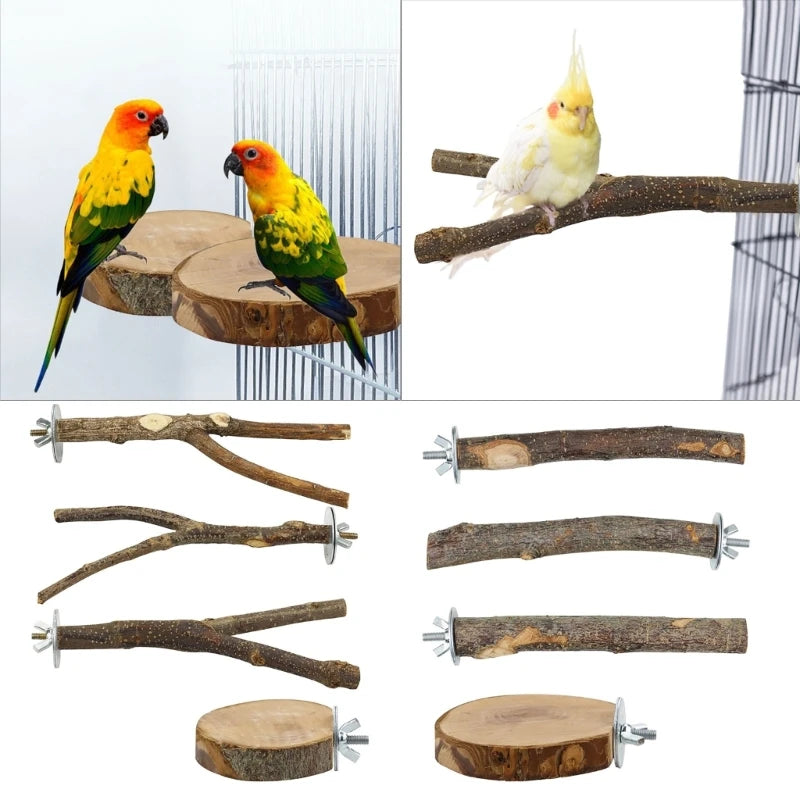 Eight pieces of natural wood perches and a wooden disc stand for bird play and exercise