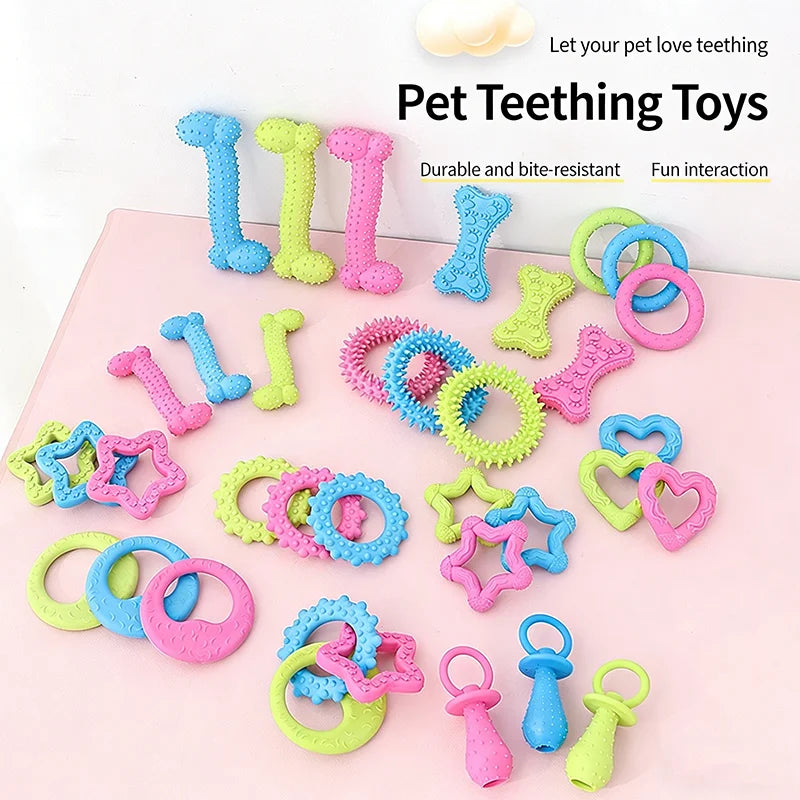 A collection of bone-shaped rubber teeth toys in various colors and shapes for pet teething.