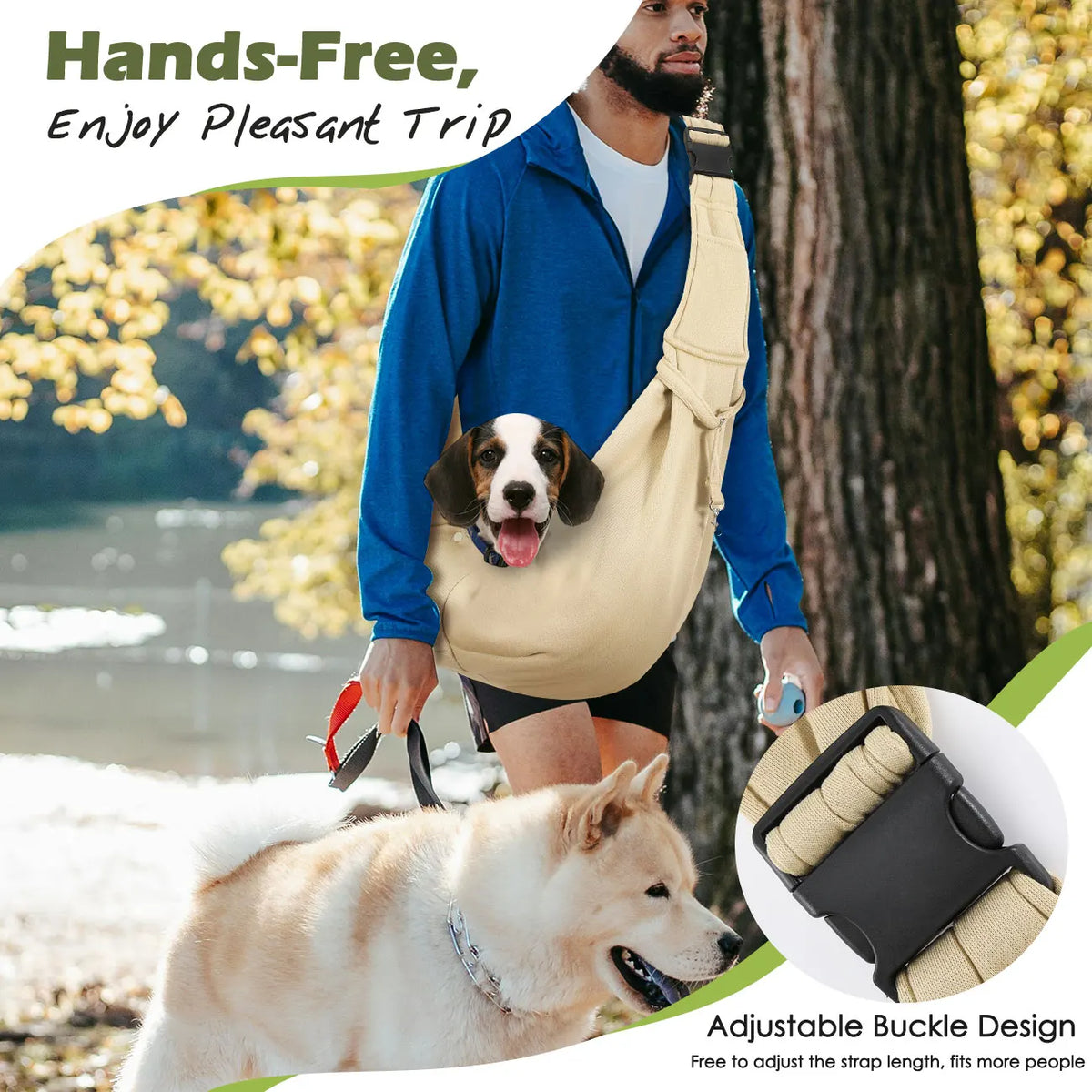 A man wearing a blue shirt carries a light-colored dog sling carrier on his shoulder while outdoors.