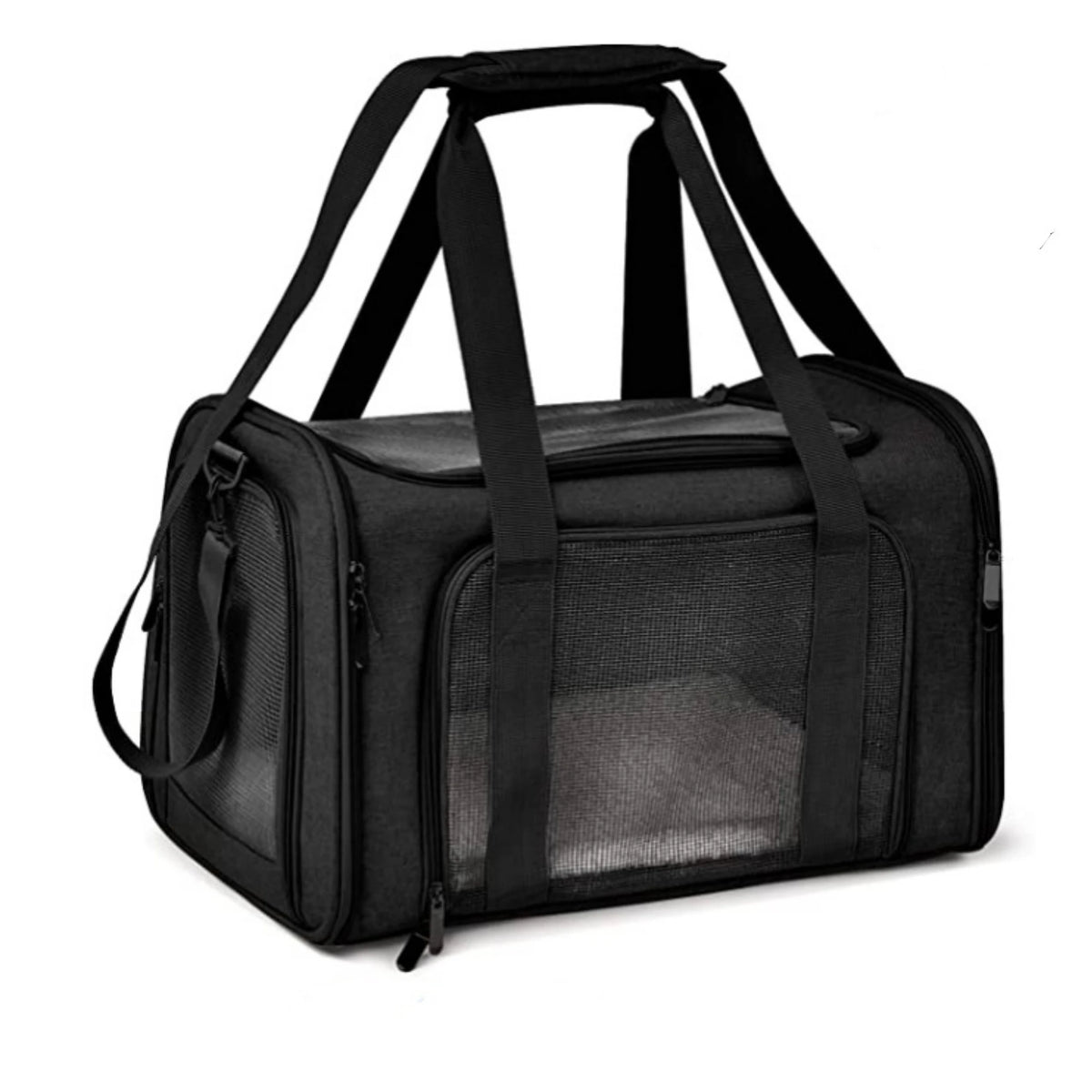 Black soft-sided pet carrier for cats and small dogs with shoulder straps
