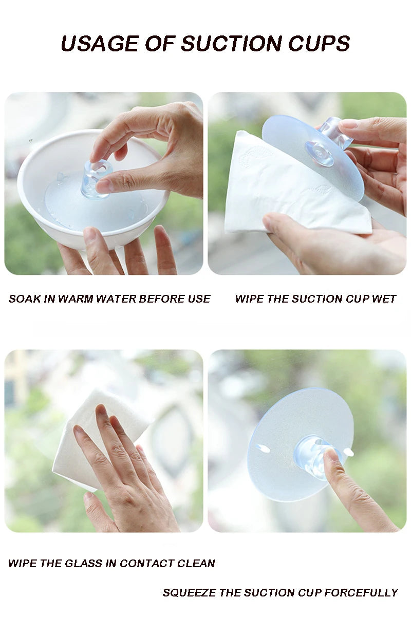 Instructions showing how to use suction cups: soak in warm water, wipe wet, clean glass, and squeeze the cup forcefully.