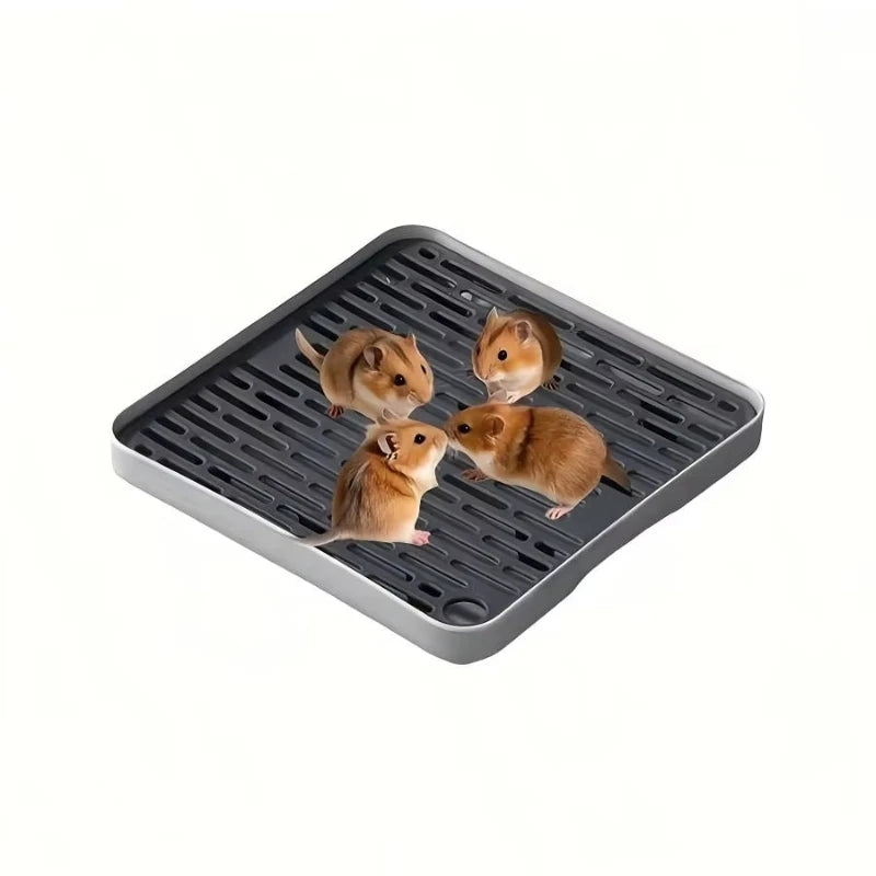 A black pet litter box tray with small brown rodents sitting inside.