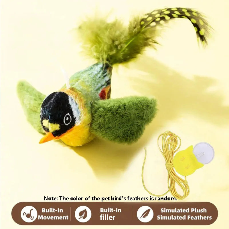 A plush bird toy with green and yellow feathers is shown next to an elastic rope and a note about its features.
