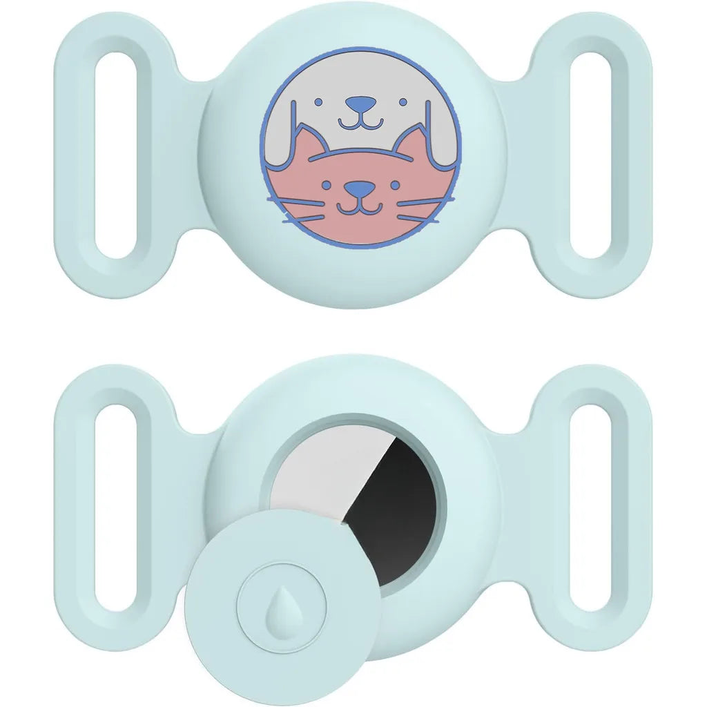 Helles blaues Silikon-AirTag-Halter mit Katzengesicht und kleiner Flüssigkeitsspender für Tierhalsbänder.