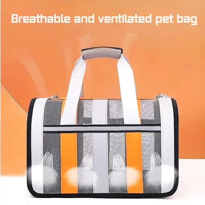 A breathable and ventilated pet bag in black, white, and orange stripes with a shoulder strap.