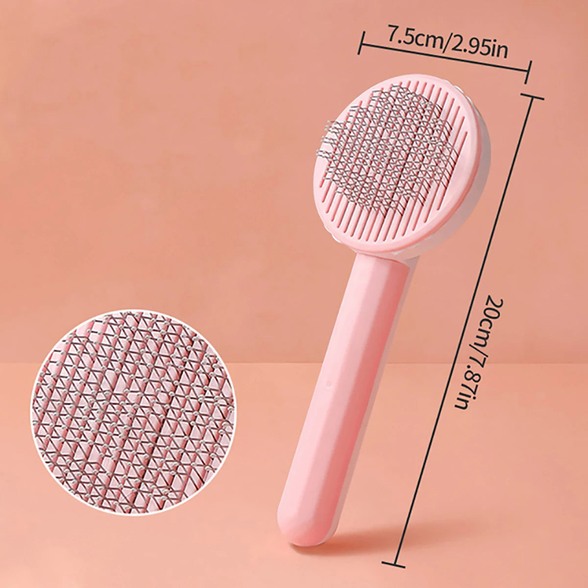 A pink self-cleaning pet grooming brush with a textured silicone bristles shown next to its dimensions.