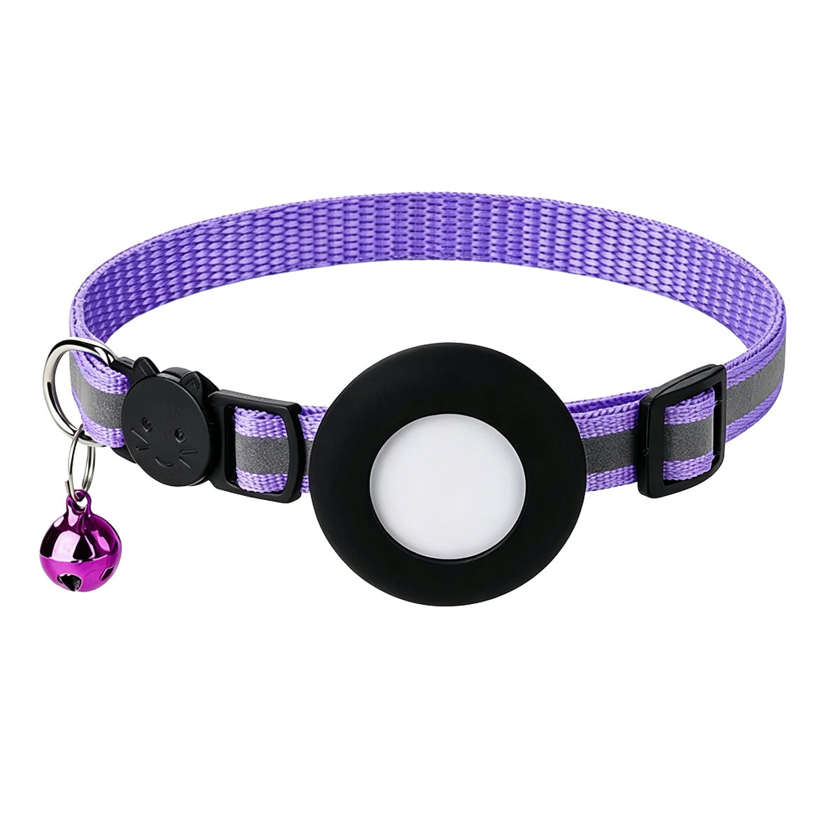 Purple nylon breakaway cat collar with a black reflective strip and an airtag holder.