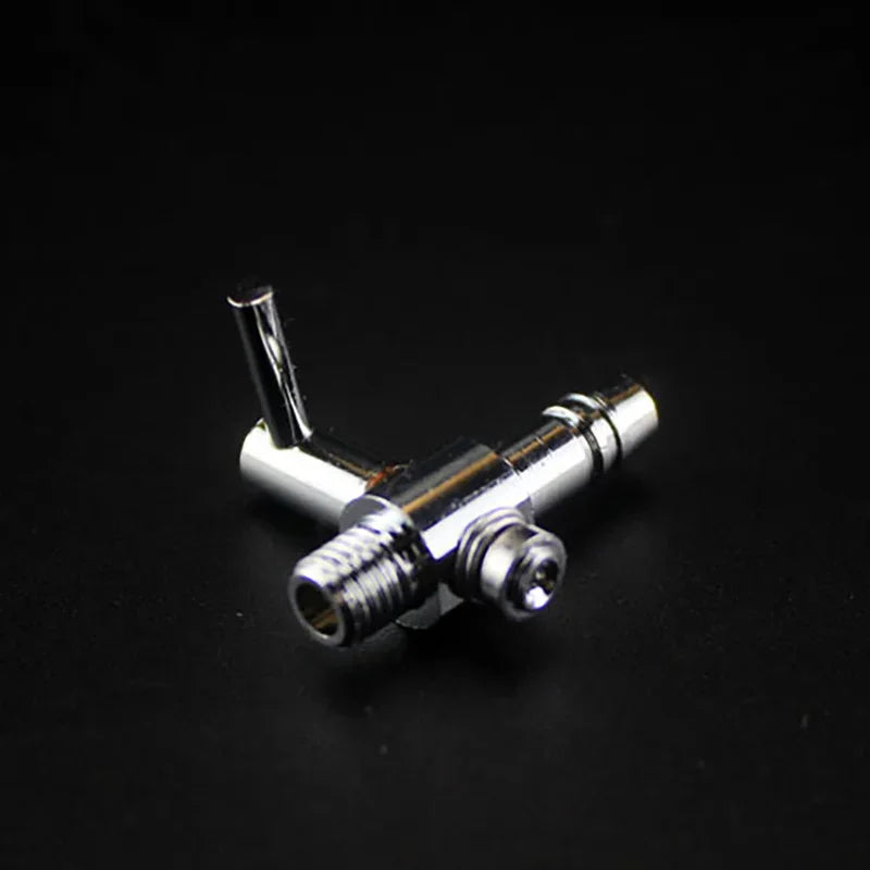 A silver 5-way aquarium air flow splitter valve with multiple threaded connections.