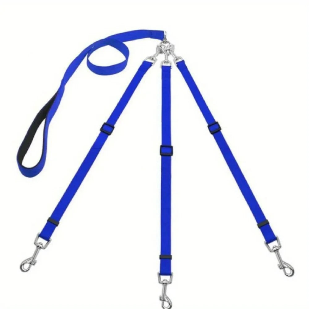 Blue 3-in-1 nylon dog leash with a padded handle for walking and travel
