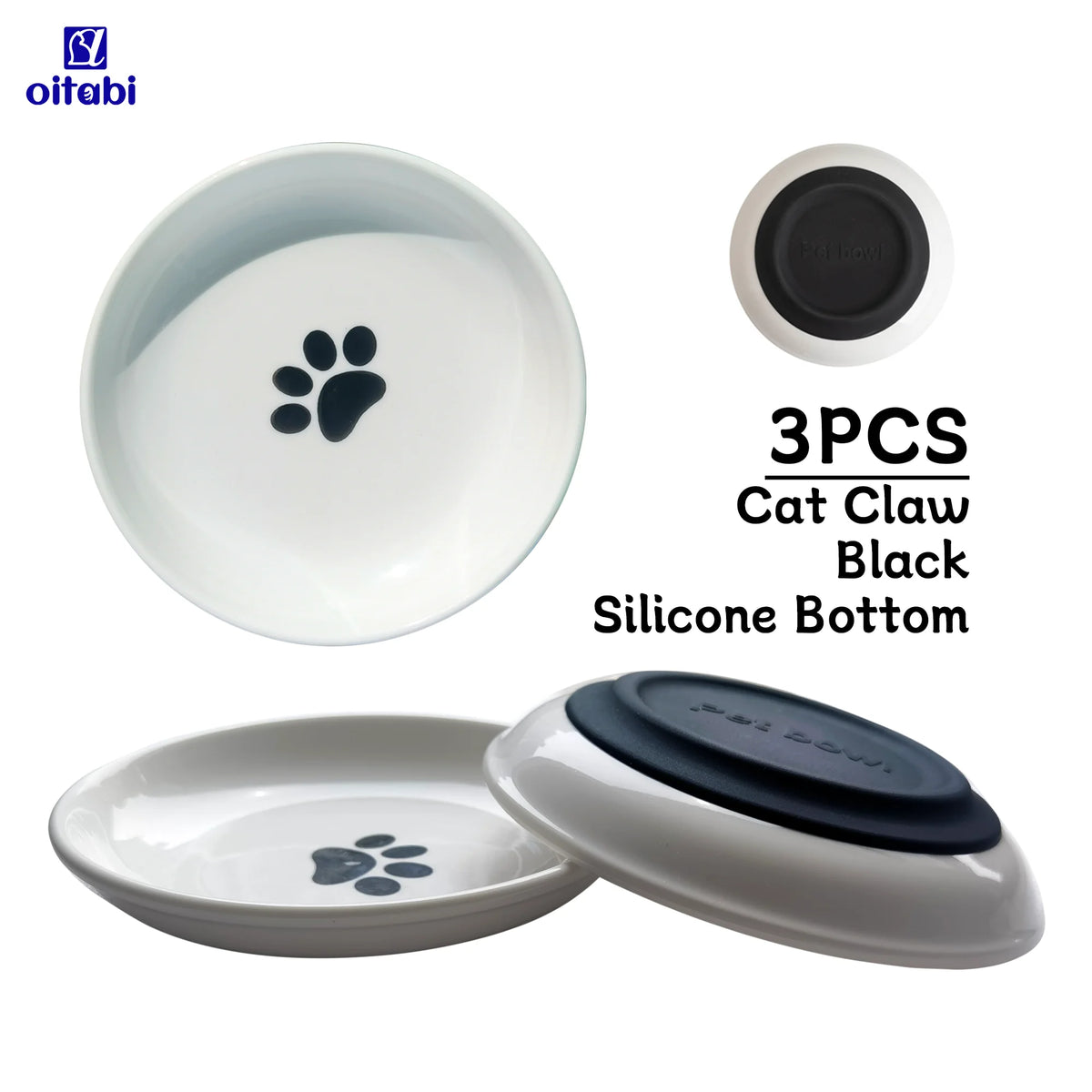 A set of three black silicone cat bowls with anti-slip bottoms shown in various views.