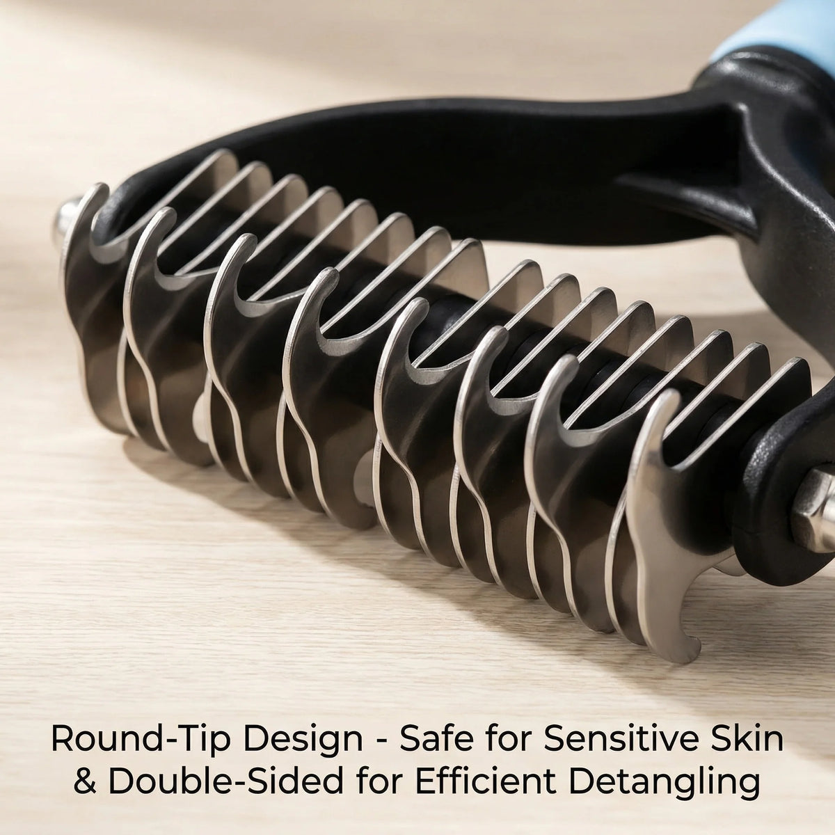 Close-up of a black pet detangling comb with round-tip design resting on a light wooden surface.