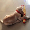 Helles Tan-Hundespielzeug, das wie ein Welpe aussieht, mit rotem Halsband und gelbem, strukturiertem Schwanz.