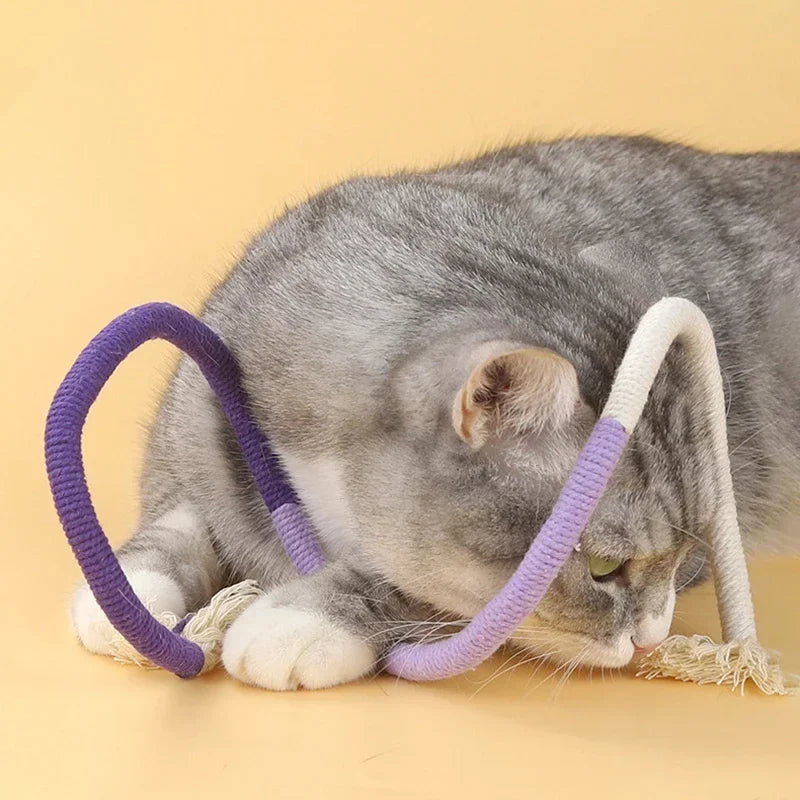 A gray cat is playing with a purple and white rope teaser toy.