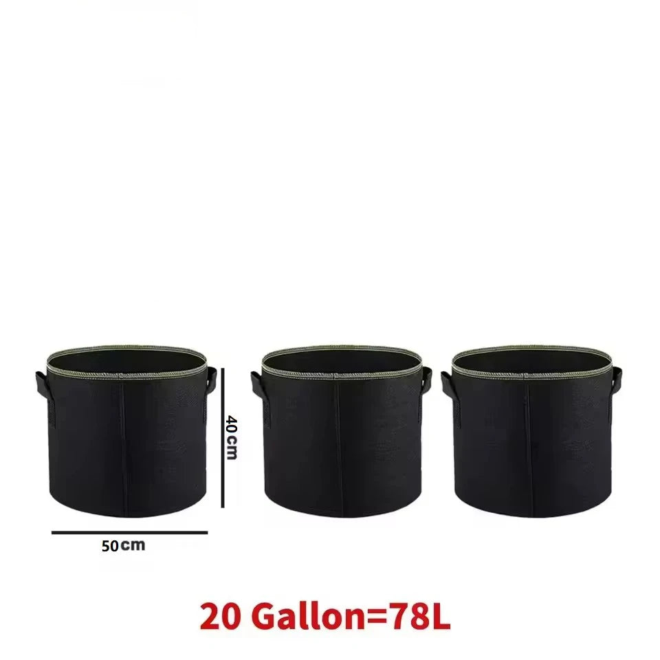 Black non-woven aeration grow bags with handles, measuring 40cm by 50cm, used for plants.