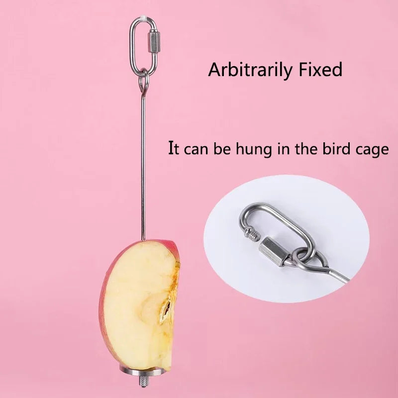 Stainless steel bird feeder fork with a loop, shown against a pink background.
