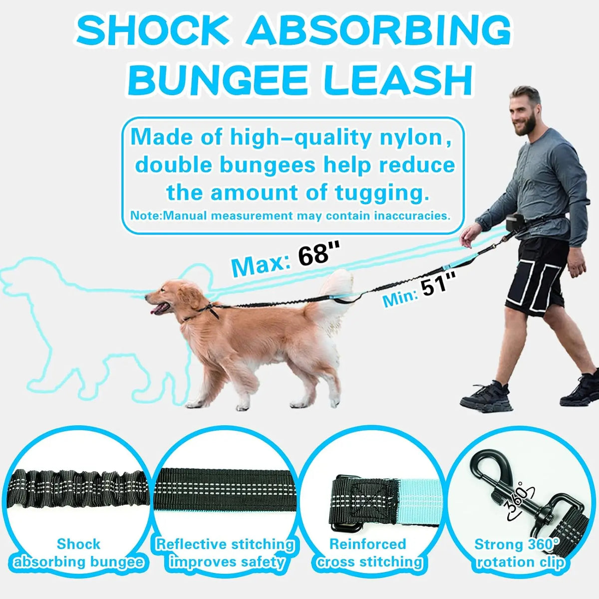 Shock absorbing bungee leash with double bungee and reflective stitching for dog walking