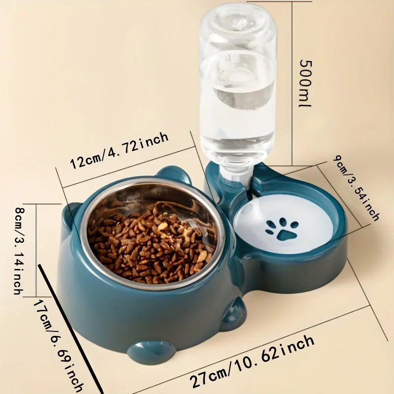 A teal gravity pet feeder and water dispenser set with measuring lines indicating capacity.