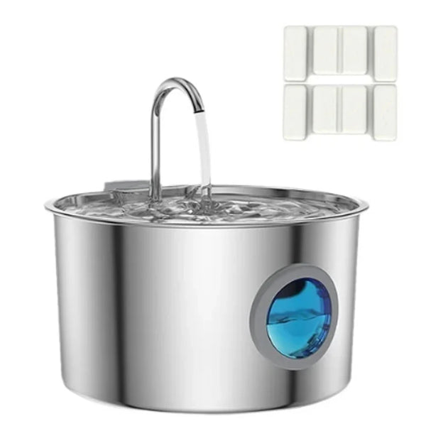 A stainless steel pet water fountain with a visible water flow and a blue light feature.