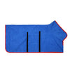Blue adjustable dog bathrobe with black stripes for post-bath care