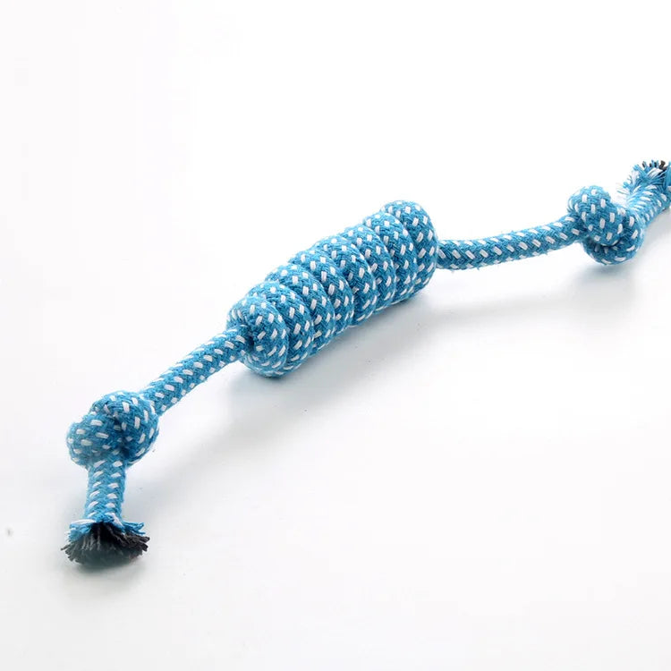 A blue braided cotton rope chew toy for dogs, showing the texture and knotted end.