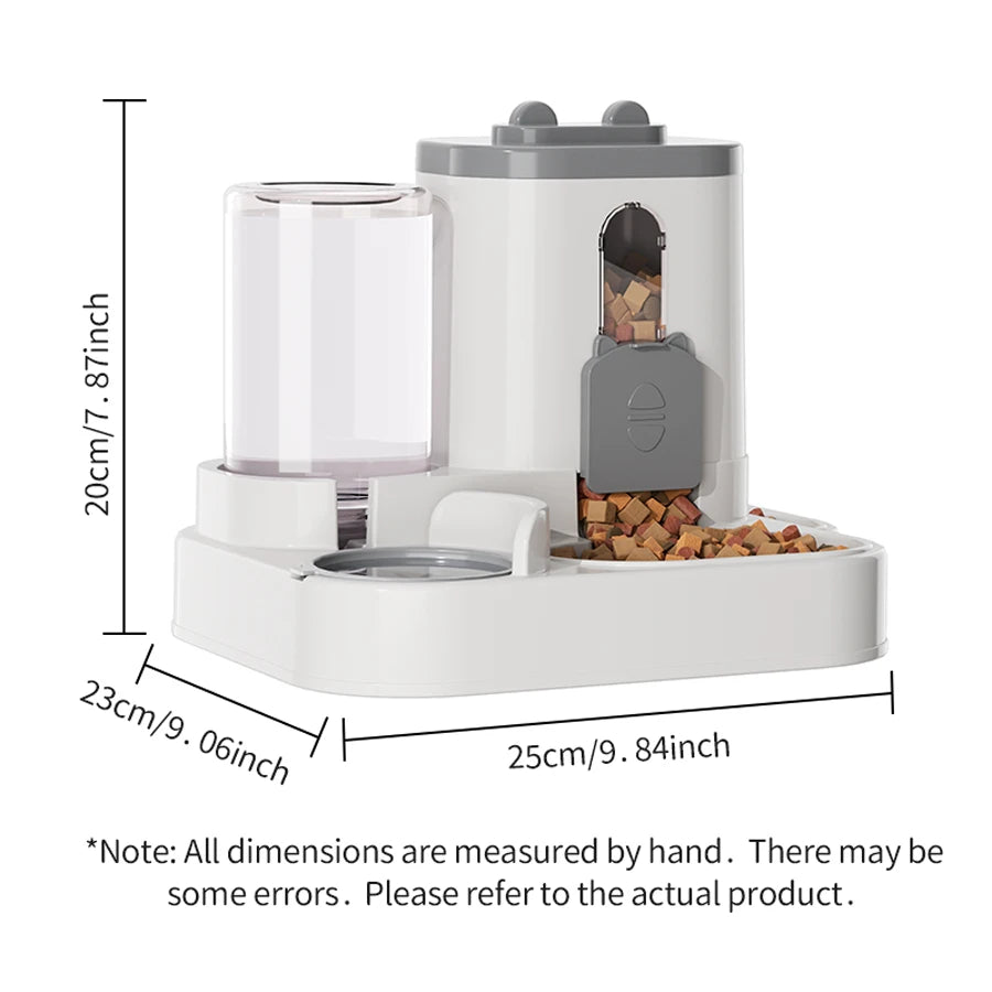 A white gravity-fed pet feeder and water dispenser combo unit with a clear tank and food compartment.
